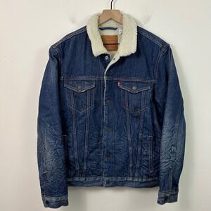 Levi's Mens Sherpa Lined Denim Trucker Jacket Distressed Size Large